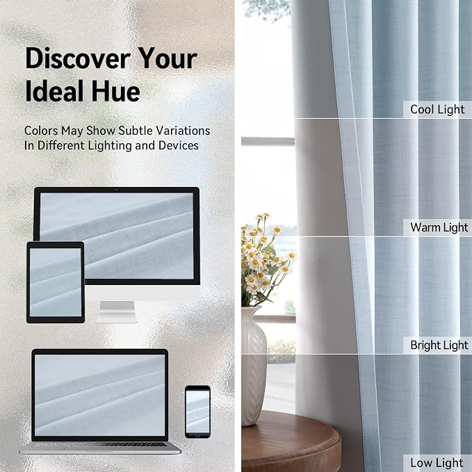100% Blackout Linen Textured Curtains 96 Inch Long, Chambray Blue | 100% - Image 7