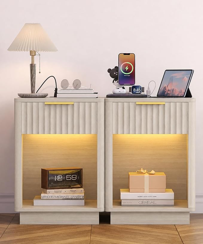 Akxomel Fluted Nightstands Set of 2, Wooden Night Stand - Image 2