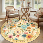 RELEANY Floral Washable Round 4ft Area Rug Ivory/Yellow | Flower Carpet Print - Image 9