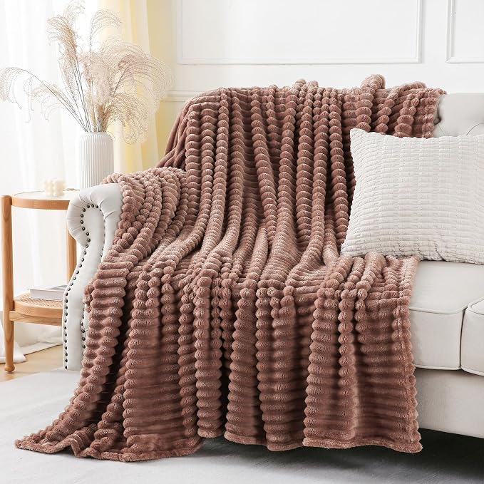 Chocolate Throw Blanket for Couch Sofa 108x90 inches Striped Design | Fleece - Image 4