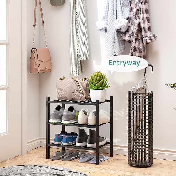 viewcare Small Shoe Rack for Entryway, 3-Tier Black Bamboo Shoe Organizer for - Image 2