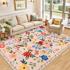 PLHXFR Area Rug Living Room: 5x7 Floral Washable Boho Soft Carpet Beige | - Image 2