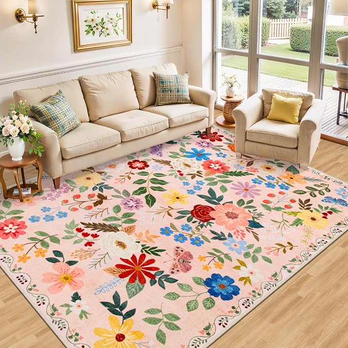 PLHXFR Area Rug 10x12 Living Room: Floral Washable Boho Soft Carpet Beige | - Image 2