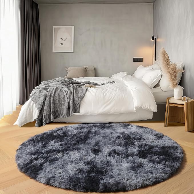Round Rugs 6ft for Living Room Bedroom, Tie-Dyed Dark Grey Fluffy Circle Area - Image 3