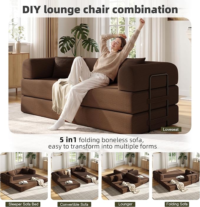 79in Convertible Sofa Bed, Corduroy Boneless Couch Bed, Futon Sleeper Sofa Pull - Image 3