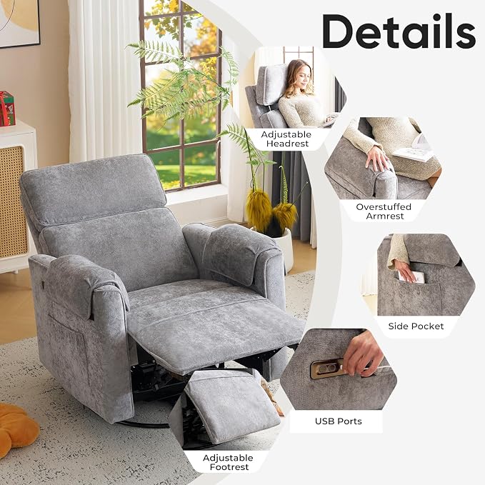 Oversized Power Recliner Chair, Chenille Glider Rocking Nursery Chair - Image 9