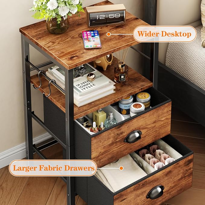 Furologee Nightstand with 2 Fabric Drawers, Night Stand with 2-Tier Shelf - Image 4