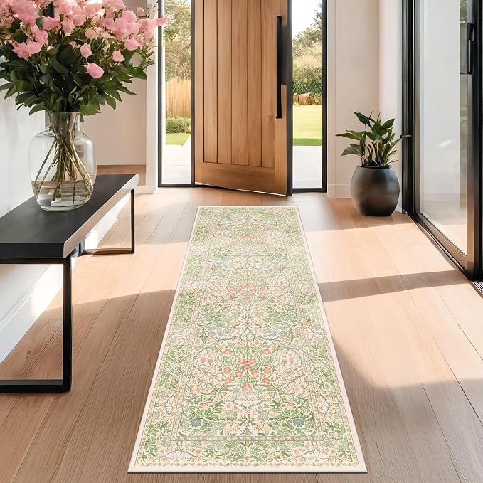 Non Slip Beige Green Bathroom Runner Rug - Image 10