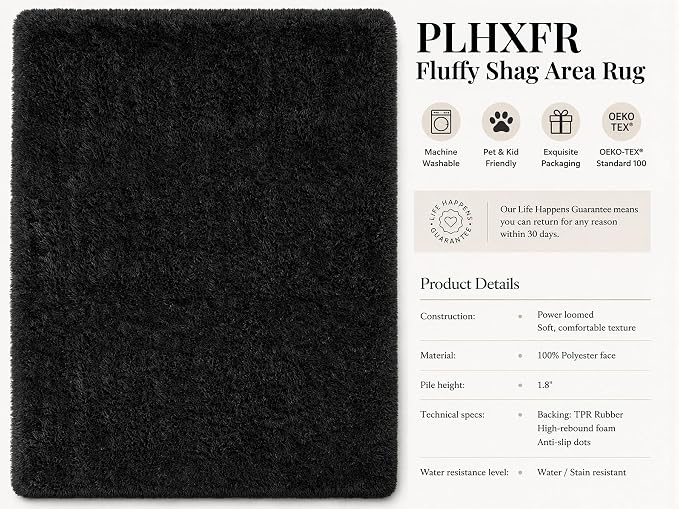 PLHXFR 9x12 Area Rugs Living Room: Fluffy Bedroom Rug Shag Carpet Black | - Image 4