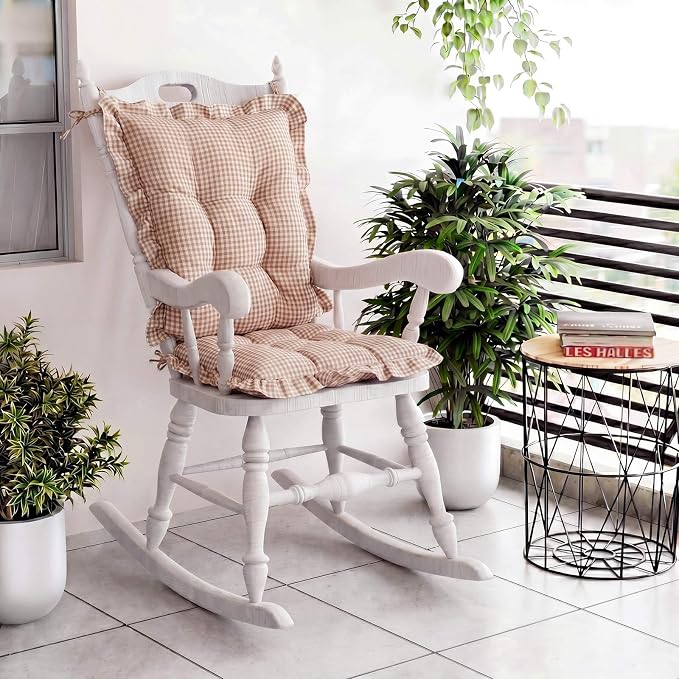 Lewtemi 2 Set Brown Gingham Rocking Chair Cushion Village Ruffled Rocking Chair - Image 4