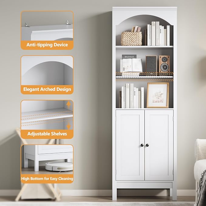 Bookshelf with Doors, Floor Standing Display Storage Cabinet - Image 5