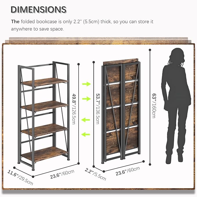 4NM No Assembly Folding Bookshelf Storage Shelves 4 Tiers Vintage Bookcase - Image 3