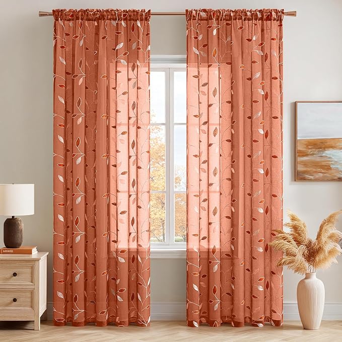 MIULEE Burnt Orange Sheer Fall Curtains 2 Panels Leaf Patterned, W52 x L84 | - Image 2