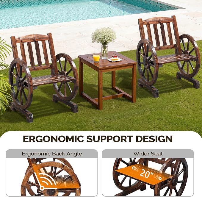 VINGLI Rustic Wooden Wheel Bench Outdoor Bench, Patio Bench Wagon Slatted Seat - Image 7