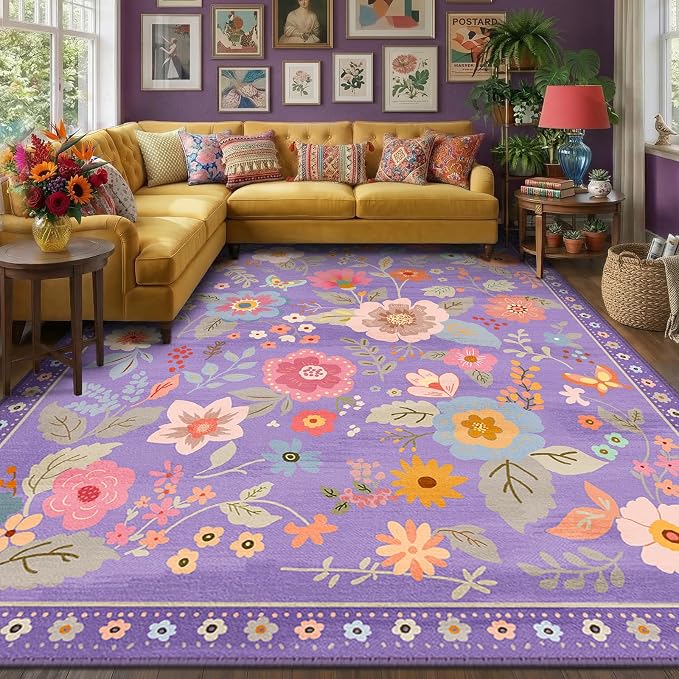 RELEANY Floral Washable 7x9 Area Rugs Purple/Pink | Flower Carpet Print Boho - Image 3