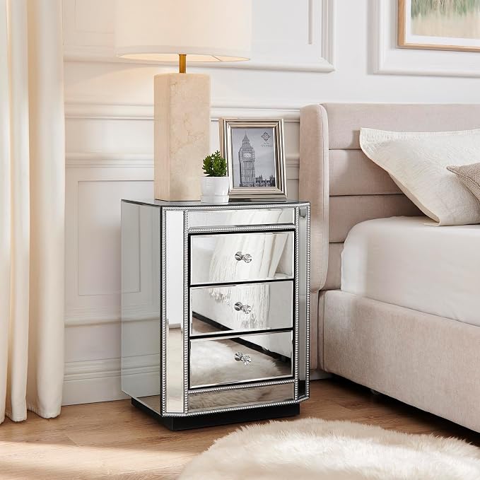 3-Drawer Mirrored Nightstand Bedside Table, Modern Mirrored End Side Table - Image 4