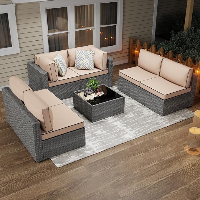 JAMFLY 7-Piece Outdoor Patio Furniture Set, Modular PE Rattan Sectional Sofa - Image 7