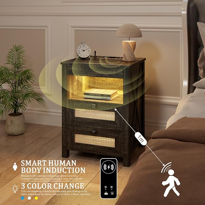 Night Stand Set 2 with Gun Drawer, Bedside Table with Charging Station - Image 5