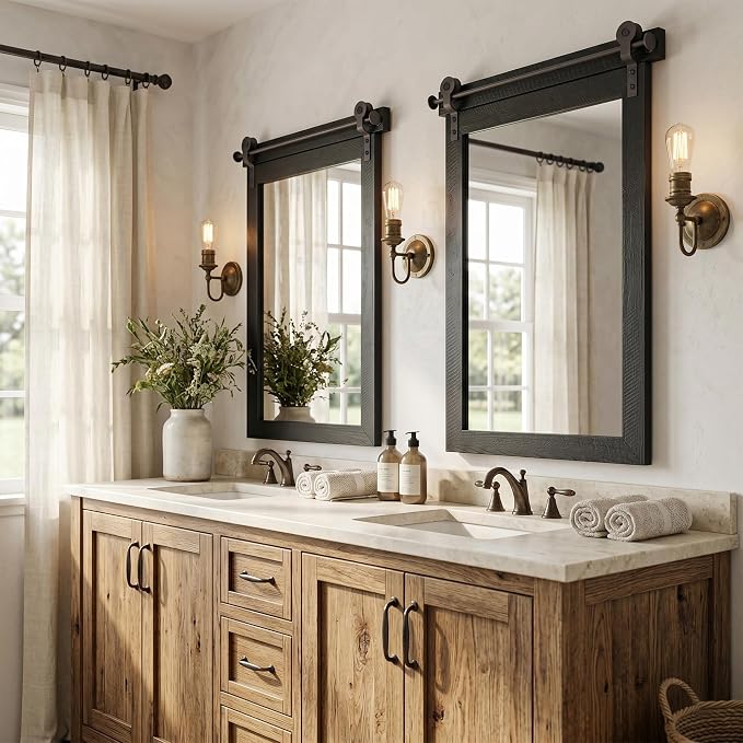 24"x36" Black Barn Door Wall Mirror, Solid Wood Framed Rustic Accent Mirror - Image 8