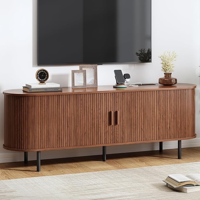 63" Fluted TV Stand with Power Outlet, Modern Media Console with Sliding Doors by ComfyCorner