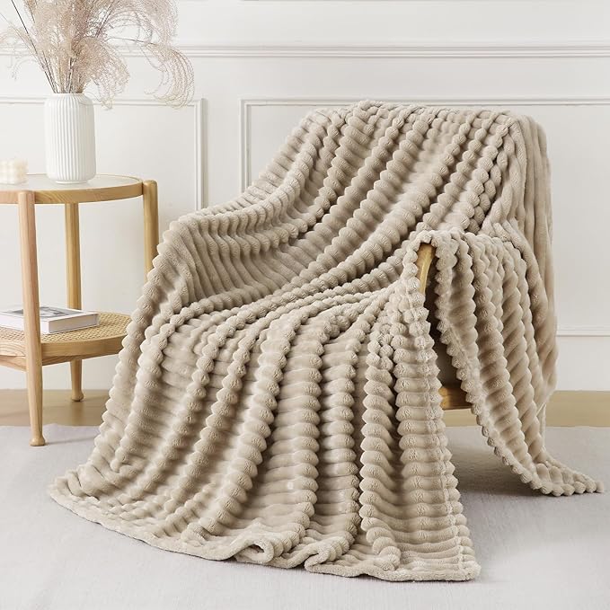 Khaki Throw Blanket for Couch Sofa 50x70 inches Striped Design | Fleece by Unknown