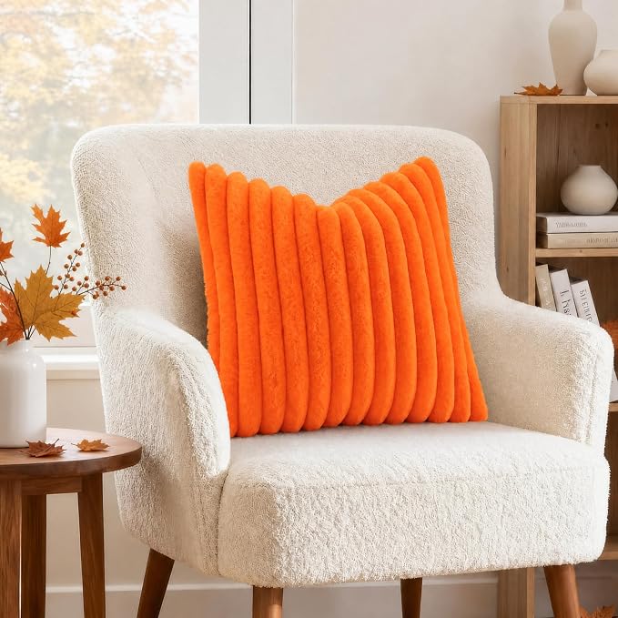 decorUhome Fall Faux Fur Throw Pillow Covers 24x24 Set of 2 Orange | Decorative - Image 4