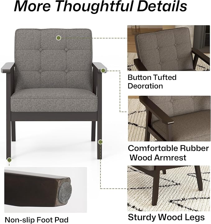 Modern Accent Chair with Arm Rest, Upholstered Linen Fabric Leisure Chair with - Image 8