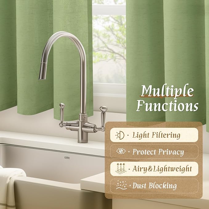 Semi Sheer Bedroom Linen Curtains 48 Inch Length 2 Panels, Sage Green | Light - Image 9