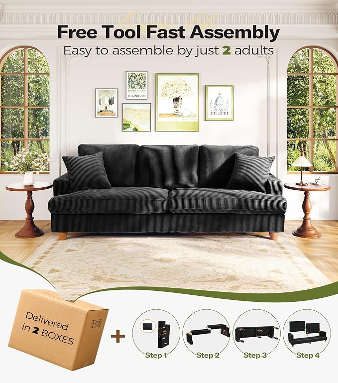 87in Corduroy Couch, Kidirect Sofa No Tool Assembly, Comfy Couches - Image 6