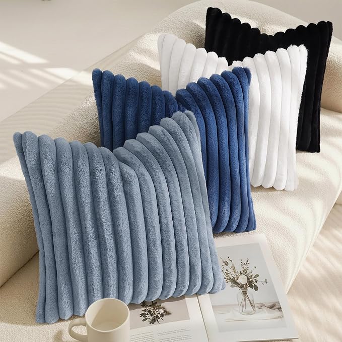 decorUhome Fall Faux Fur Throw Pillow Covers 24x24 Set of 2 Grey Blue | - Image 7