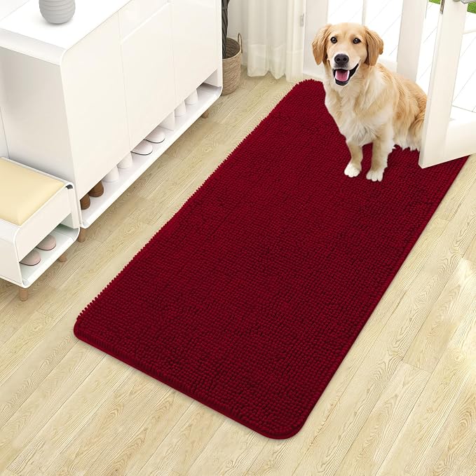 OLANLY Dog Door Mat for Muddy Paws 40x24, Super Absorbent Chenille Mud Mat | Red by OLANLY