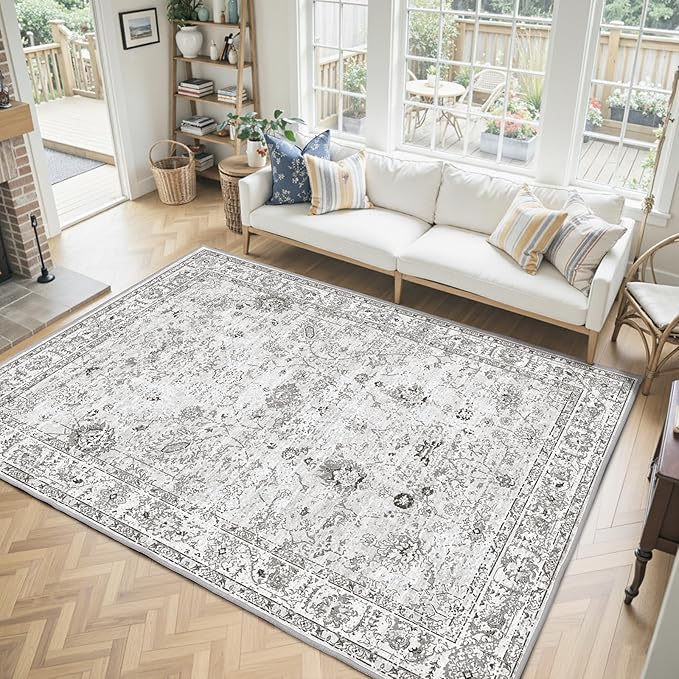 Grey Floral Area Rug 8x10 for Living Room Bedroom | Non Slip; Stain Resistant; - Image 7