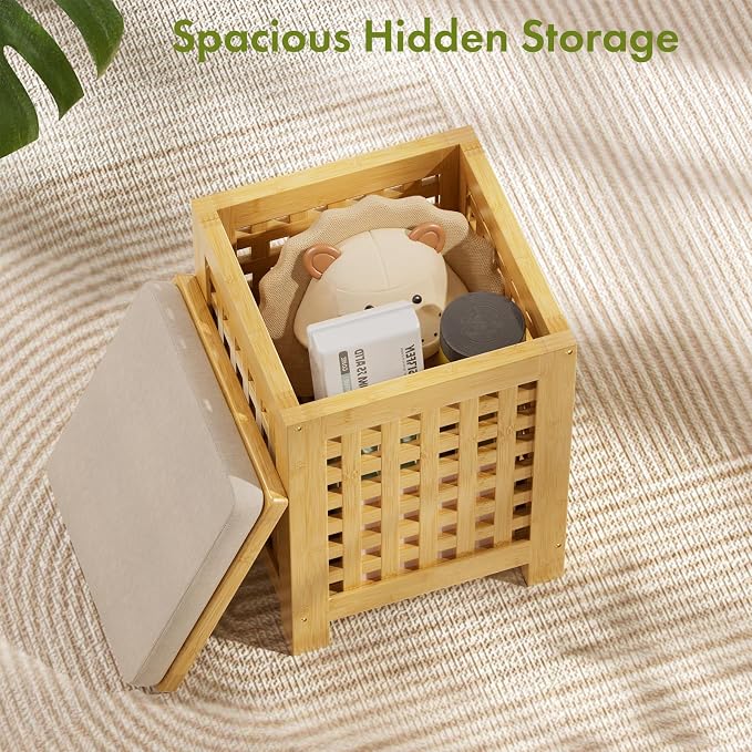 Bamboo End Table with Removable Cushion and Hidden Storage, 2-in-1 Ottoman Side - Image 6