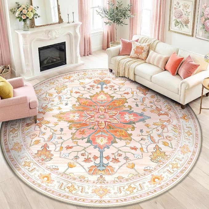 RELEANY Washable Area Rug, Round 8ft, Water Repellent, Pet Friendly, Vintage by RELEANY