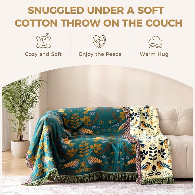 LUTBM Boho Throw Blanket for Couch 100% Cotton Soft Birds and Floral Double - Image 3