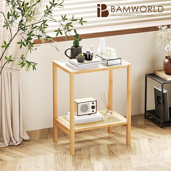 Bamworld Side Table Nature Rattan Night Stand Glass End Table 2-Tier - Image 3
