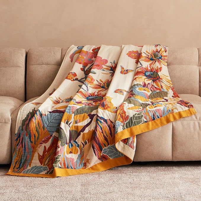 LUTBM Boho Throw Blanket for Bed 100% Cotton Soft Lightweight Quilt Floral - Image 7
