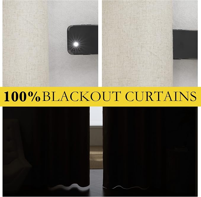 NICETOWN Natural Full Blackout Back Tab Linen Curtains 84" Long 2 Panels - Image 3