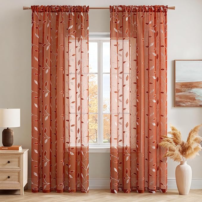 MIULEE Terracotta Sheer Fall Leaf Curtains Burnt Orange 2 Panels 52"x84" | - Image 2