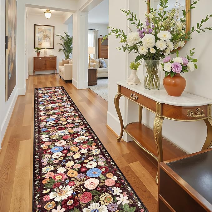Black Brown Floral Hallway Runner Rug 2'6''x14' - Image 6