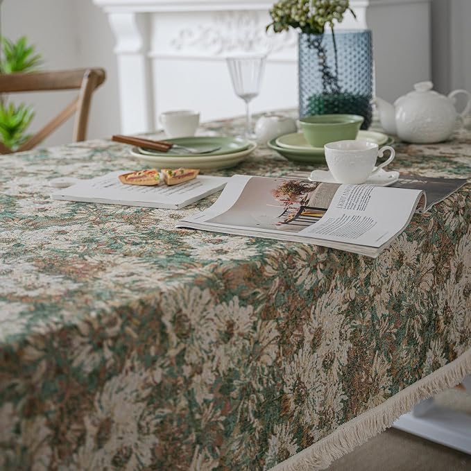 Aesthetic Green and Beige Floral Table Cloth, Linen Texture Table Cloth - Image 7