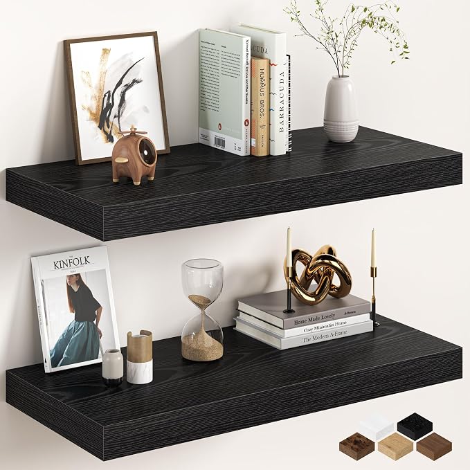 30Inch Black Floating Shelves for Wall, 12 Inch Deep Shelves for Bedroom by FunMemories