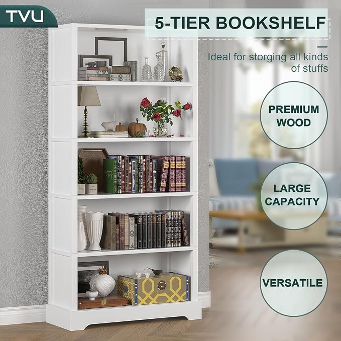 TVU 5-Tier Wooden Book shelf, Floor-Standing Display Bookcase, Farmhouse Style - Image 4