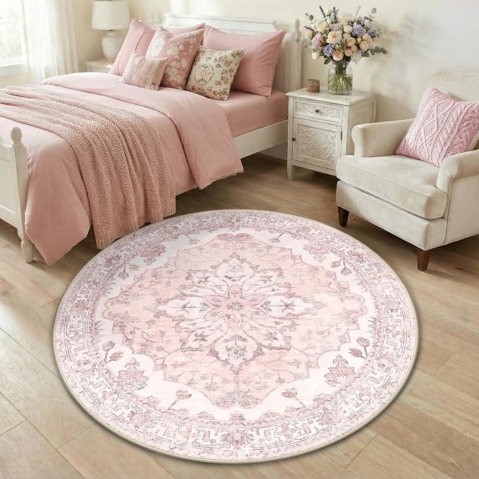 RELEANY Washable Area Rug, Round 4ft, Water Repellent, Pet Friendly, Vintage by RELEANY