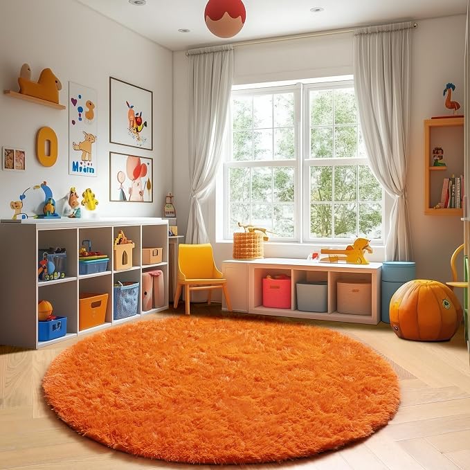Amdrebio Orange Round Shag Kids Rug 4Ft - Image 5
