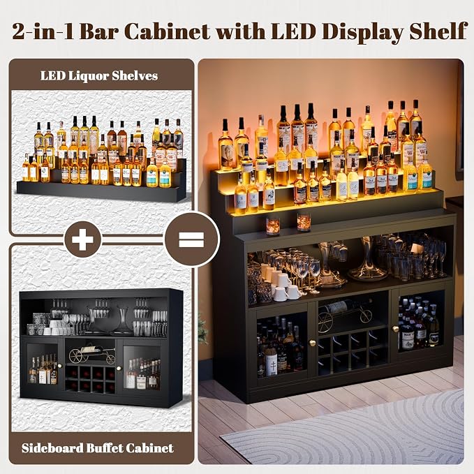 Loomie Wine Bar Cabinet with LED Lighted Liquor Bottle Display Shelf, Liquor - Image 7
