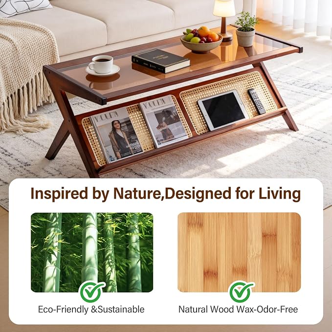 Tiita Rattan Coffee Table, Bamboo Accent Bedside Tables, Glass Nightstand Side - Image 9