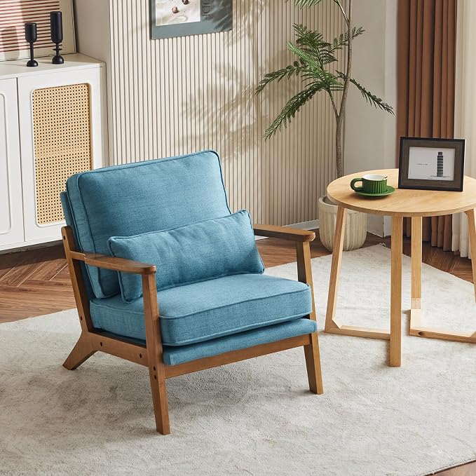 VINGLI Solid Wood Wide Armrests Accent Chair, Upholstered Mid Century Modern - Image 9
