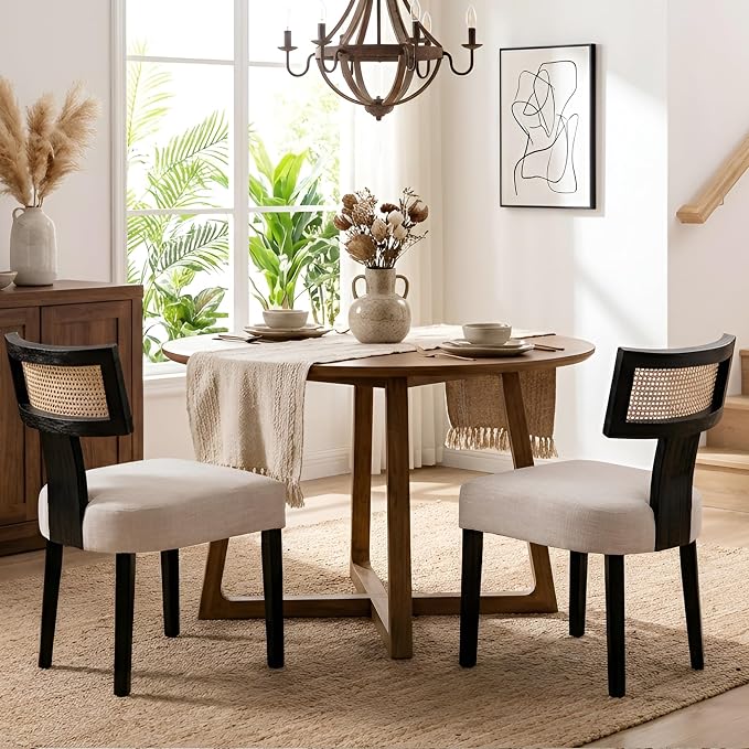 HNY Mid Century Modern Rattan Dining Chairs Set of 2, Farmhouse Linen by HNY