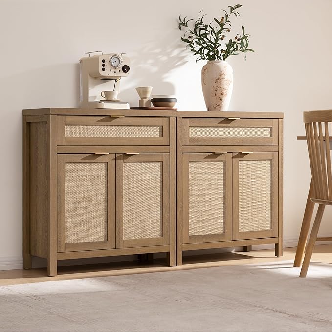 SICOTAS Sideboard Buffet Cabinet Set of 3, Rattan Credenza Storage Cabinet - Image 8